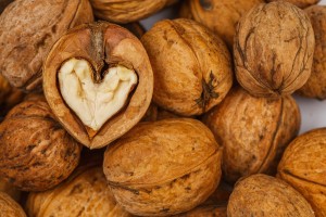 Walnut heart shaped on table. Healthy food